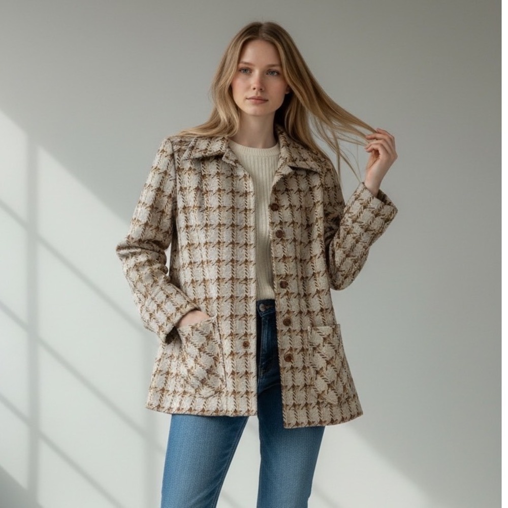 Vintage Montgomery Ward Brown Houndstooth Silk Blend Shacket Jacket Size 8 NEW